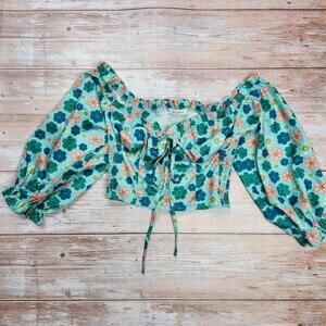 Cellecci Floral Smocked Crop Top | Puff Sleeve Tie Front | Size S